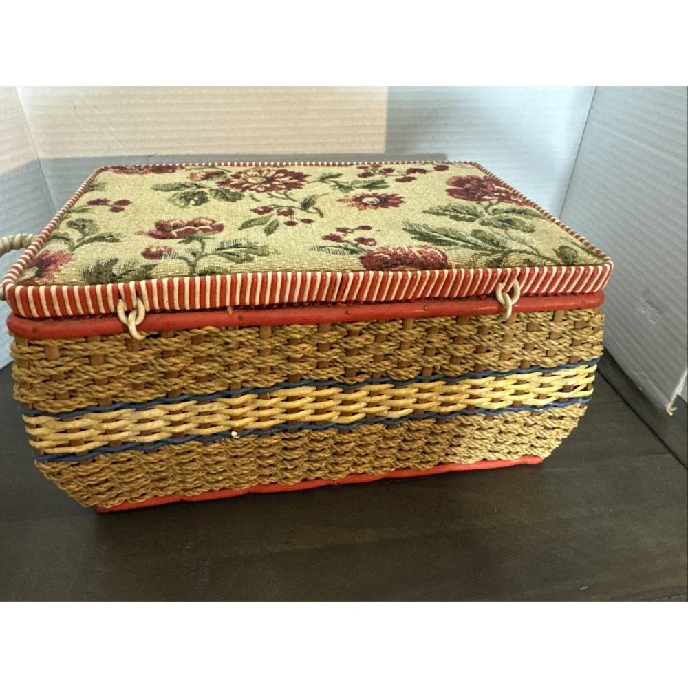 Vintage Woven Floral Sewing Basket Tray Tapestry 11